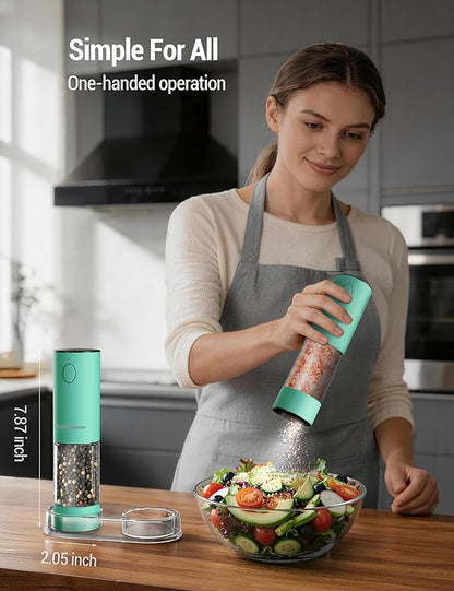 ThermoMaven Electric Salt and Pepper Grinder Set, 110ml Larger Rechargeable Automatic Salt and Pepper Mill Grinder with 6 Adjustable Coarseness, Electric Salt and Pepper Shakers, LED, Mint Green