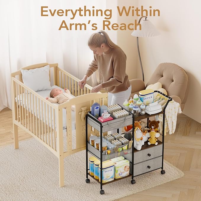 BBLIKE Diaper Caddy Organizer with Hanging Rack - 3 Tier Rolling Baby Storage Cart with Drawers and Side Pockets for Newborn Diaper Organization for Nursery, Crib, Bedroom, Changing Table, Gray