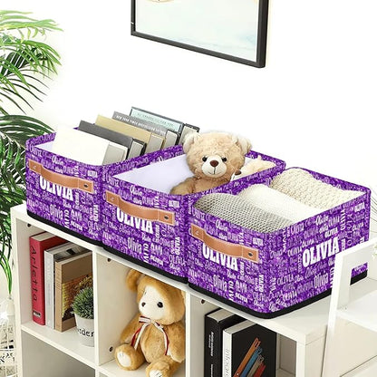 Personalized Small Storage Basket with Name, Pet Kids Toys Storage Bin with Handles for Shelf Home Closet Kitchen Countertop, Bright Purple Sequins Background