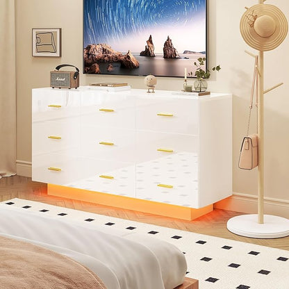 9 Drawer Dresser for Bedroom, 55'' W Highly Reflective Modern Chest of Drawers with LED Light, Wooden Dresser Organizer Cabinet for Living Room, Entryway (White)