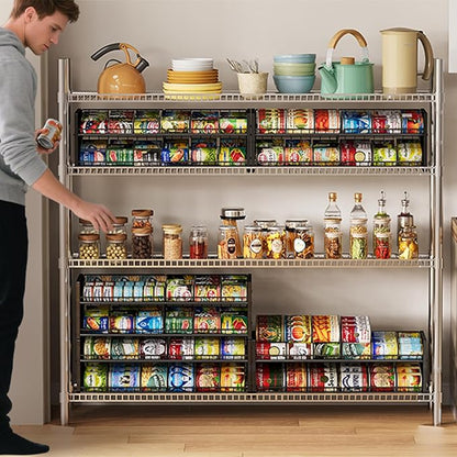 2-Pack Stackable Can Organizer for Pantry Shelf, Adjustable Extra-Long Rolling Can Rack for Kitchen Cupboard Storage, Sturdy Standing Can Holder for Canned Food Goods Soda up to 100, 2 Tier, Black