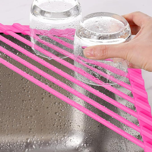 Tomorotec Compact Silicone-Coated Triangle Dish Drying Rack for Sink Corner - Foldable Stainless Steel Over-The-Sink Organizer and Storage Shelf (Hot Pink)