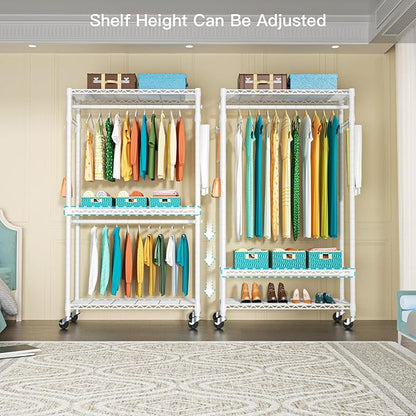 FUTASSI P1 Heavy Duty Garment Rack, 3 Tiers Adjustable Rolling Metal Closet Organizer with Lockable Wheels, FreeStanding Wardrobe with Double Hanger Rods & 1 Pair Hooks, Max Load 450 LBS, White