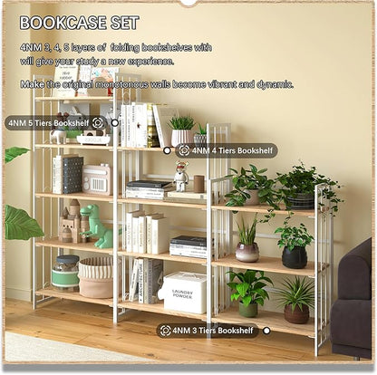 4NM No Assembly 5 Tiers Folding Bookshelf, 59.4" H Foldable Storage Shelves Vintage Bookcase Standing Racks Study Organizer Home Office - Natural White