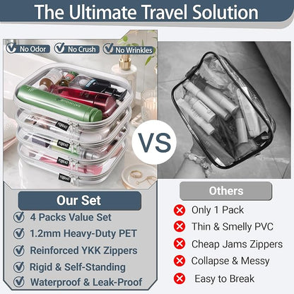 YQBRAO 4-Pack Clear Diaper Bag Organizer Pouches, 1.2mm Ultra-Thick PET Travel Pouches for Toiletries & Makeup, Rigid Self-Standing Bags with YKK Zippers, TSA Approved (Gray)