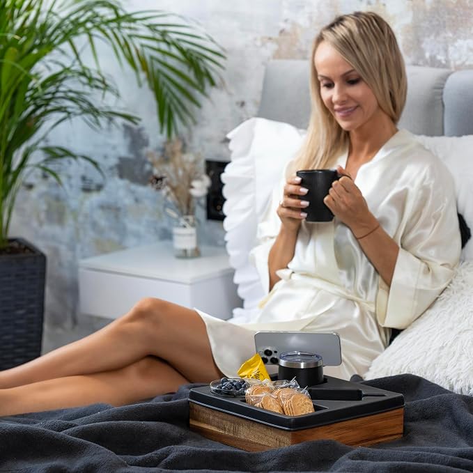 Silicone Couch Cup Holder Tray – Handy Silicone Acacia Couch Caddy with Cup Holder & Phone Stand – Waterproof Anti-Spill Snack & Bed Caddy Organizer Sofa Tray for Drinks, Snacks, & Remotes (Black)