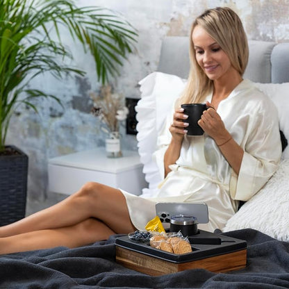 Silicone Couch Cup Holder Tray – Handy Silicone Acacia Couch Caddy with Cup Holder & Phone Stand – Waterproof Anti-Spill Snack & Bed Caddy Organizer Sofa Tray for Drinks, Snacks, & Remotes (Black)