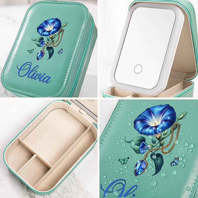 CALLIE Personalized Travel Jewelry Box for Women, Retro Gemstone Birth Flower PU Leather Jewelry Organizer Case with Name and LED Mirror, Valentine’s Day Birthday Gifts for Mom Sister Daughter Wife