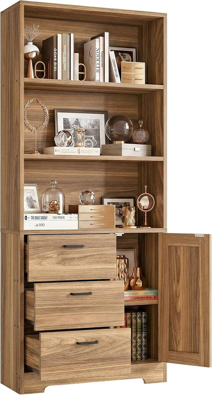 IRONCK Bookshelf with Doors and 3 Drawers 71 in Tall Bookshelf with Storage, Industrial Book Shelf with 3-Tier Shelves for Living Room Entrance Hallway Home Office