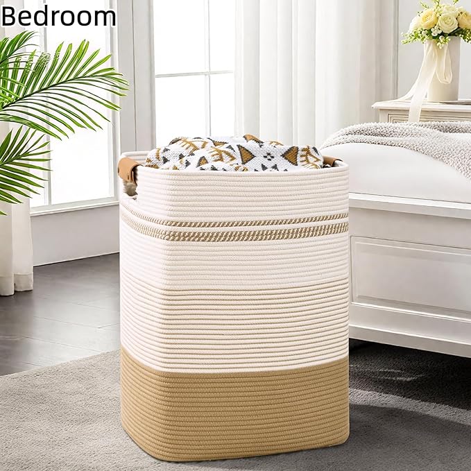 Degeyoyo Laundry Hamper, 85L Tall Laundry Basket with Leather Handles, Rectangle Large Clothes Hamper for Organizing, Cotton Woven Laundry Baskets Storage Hampers for Bedroom, Nursery, Living Room