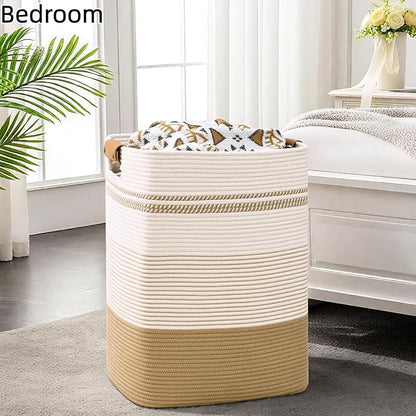 Degeyoyo Laundry Hamper, 85L Tall Laundry Basket with Leather Handles, Rectangle Large Clothes Hamper for Organizing, Cotton Woven Laundry Baskets Storage Hampers for Bedroom, Nursery, Living Room