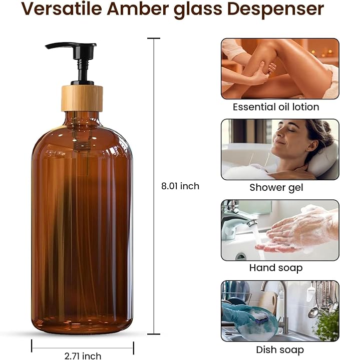 Sunrise Premium 16 OZ Thick Amber Glass Soap Dispenser, Bamboo Pump with Tray 4 Pack, Hand and Dish Soap Dispenser Set for Bathroom with 12 Waterproof Labels