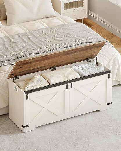 47.2" Storage Chest, Large Storage Trunk with 2 Hinges, Farmhouse Wooden Box Bench, Lift-Top Organizer Chest, Entryway Trunk for Bedroom, Living Room, White and Brown SB12114X