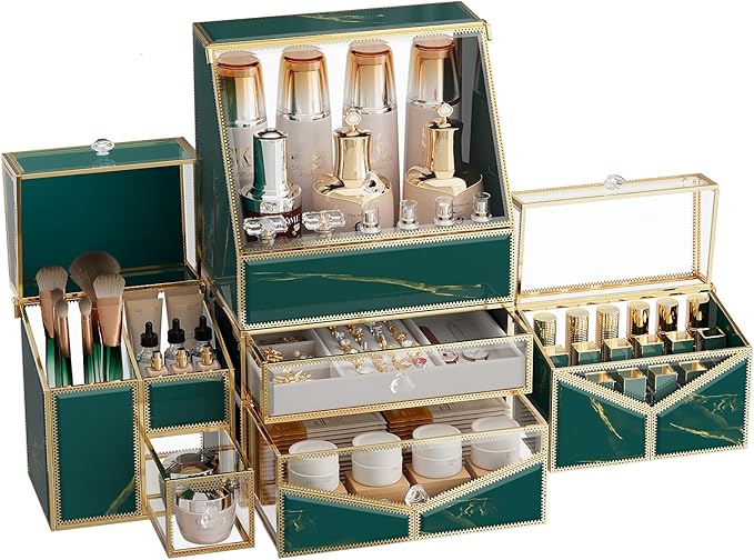 Youdepot Extra Large Makeup Organizer, Glass Cosmetic Storage with Drawers, Stackable Makeup and Jewelry Organizer for Vanity Table, Bathroom Countertop, Skincare, Lipsticks, Perfume, Brushes