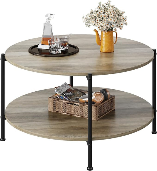 WLIVE Round Coffee Table, 32.6" Small Coffee Table with Storage Shelf, 2-Tier Circle Wood Center Table for Living Room, Apartment, Rustic Brown (Grey, 32.6" D x 32.6" W x 17.5" H)