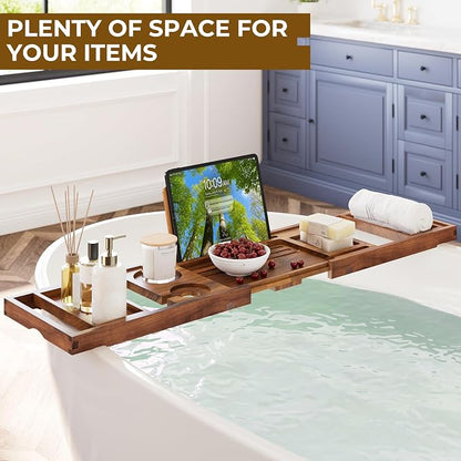 Venusmiles Teak Bathtub Tray Caddy, Foldable Bath Tray with Expandable Handles, Wine Glass and Phone Holders, Book Stand, for Home Spa Relaxation, Luxury Bathroom Accessories - Light Walnut Color
