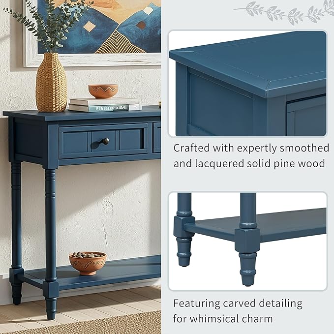 Knocbel Antique Entry Console Table with 2 Drawers & Bottom Open Shelf, Wood Sofa Tables for Entryway Hallway Living Room, 35.34" W x 13.8" D x 30.25" H, Dark Navy