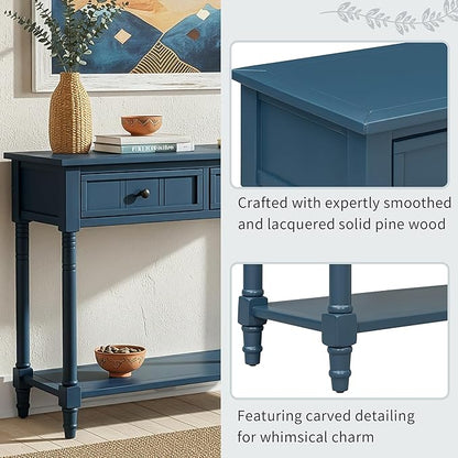 Knocbel Antique Entry Console Table with 2 Drawers & Bottom Open Shelf, Wood Sofa Tables for Entryway Hallway Living Room, 35.34" W x 13.8" D x 30.25" H, Dark Navy