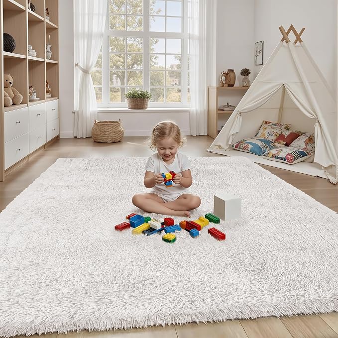Area Rug for Living Room Bedroom: 6x9 White Soft Fluffy Shag Upgrade Non-Slip High Pile Carpet Large Fuzzy Plush Indoor Floor Decor Shaggy Rug for Kid Boys Girls Dorms Playroom Nursery Modern Home