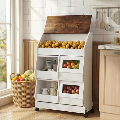 ARTETHYS Potato and Onion Storage Bin with Wheels, 3 Tier Bread Container with Lid, Ventilated Vegetable Organization Cabinet for Kitchen
