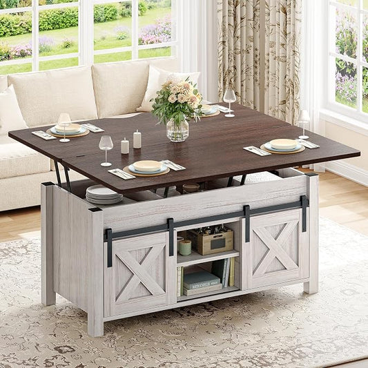 SEDETA Lift Top Coffee Table, 4 in 1 Multi-Function Convertible Coffee Tables with Storage and Hidden Compartment, Farmhouse Coffee Table Converts to Dining Table for Living Room, Vintage White