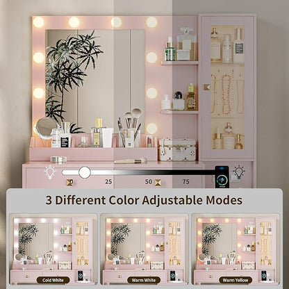 Vanity Desk with Mirror and Lights, Pink Makeup Vanity with 5 Drawers Hidden Jewelry Organizer& LED Glass Cabinet,3 Light Mode and Brightness Adjusted,Vanity Mirror with Lights Desk and Chair