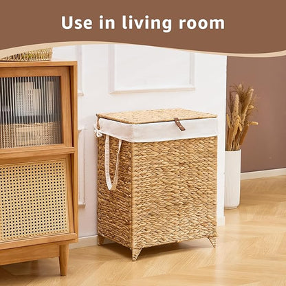 Laundry Hamper with Lid and Removable Liner Bag, Handwoven Natural Hyacinth Clothes Hamper with Heightened Feet, Wicker Laundry Basket for Clothes and Towels，Middle