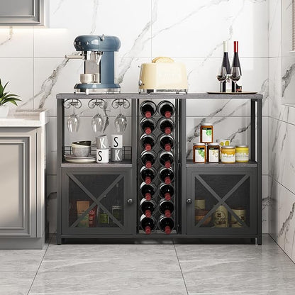 Homeiju Mini Bars for Home, Wooden Coffee Bar Cabinet, Modern Liquor Cabinet for Liquor and Glasses, Farmhouse Buffet Wine Bar Cabinet with Storage Sideboard for Home Kitchen Dining Room (Deep Grey)