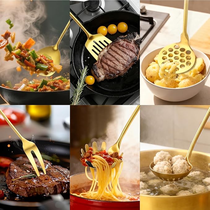 18/10 Stainless Steel Kitchen Utensils Set with Wood Handle Metal Cooking Utensils Set 10 Piece - Spatula, Spoon, Ladle, Skimmer, Slotted Turners, Pasta,Turner, Ladl, Fork