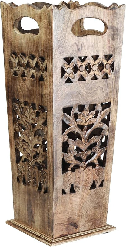 Hand-Carved Wooden Umbrella Stand & Walking Cane Holder, 21 Inch Tall Decorative Umbrella Rack, Rustic Floor Storage Organizer for Entryway, Hallway, Home & Office