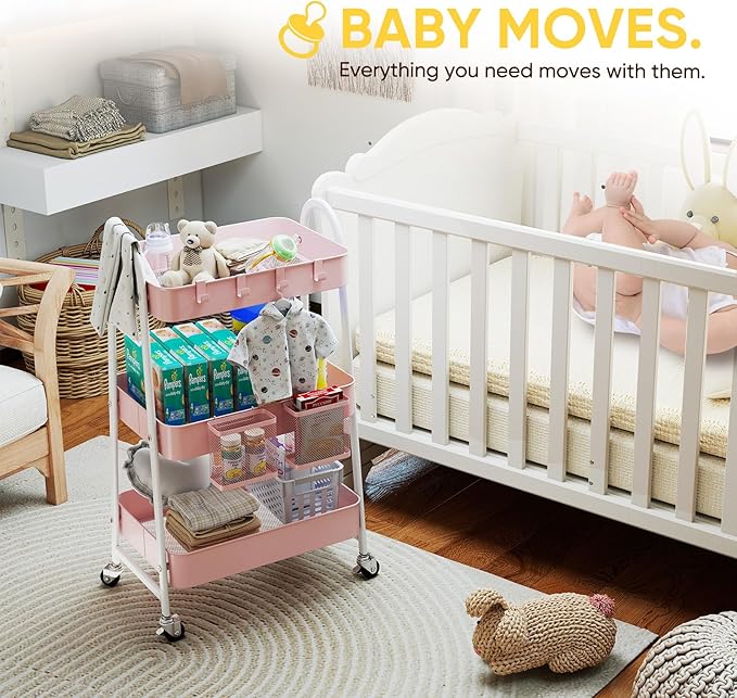 Sekey 3 Tier Rolling Cart, Hanging Cups, Hooks, Heavy Duty Mesh Rolling Storage Cart Organizer with 2 Lockable Wheels for Bathroom, Kitchen, Office, Craft, Makeup, Baby Essentials, Pink