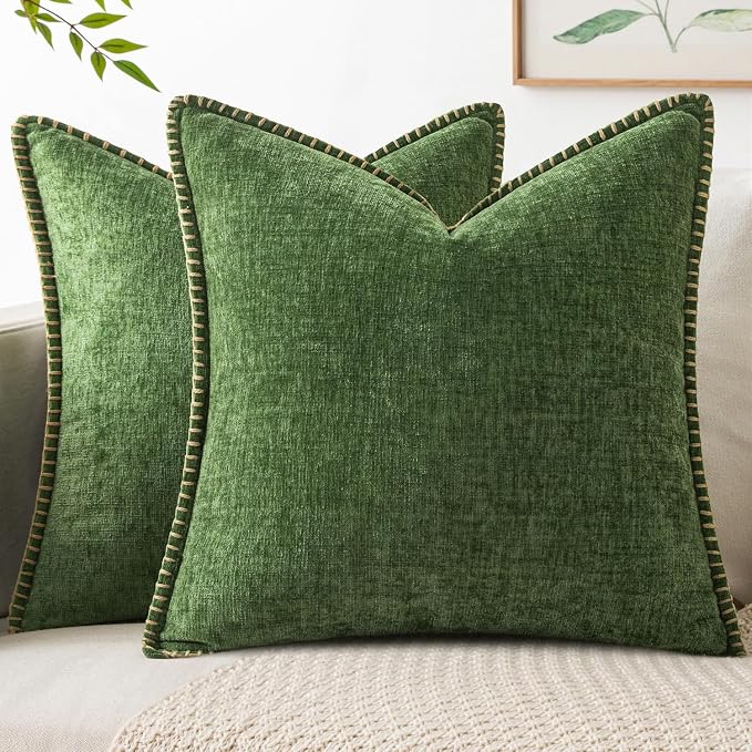 MIULEE Pack of 2 Couch Pillow Covers 16x16 Inch Moss Green Farmhouse Decorative Throw Pillow Covers with Stitched Edge Soft Chenille Solid Dyed Pillow Covers for Sofa Bed Living Room, Forest Green