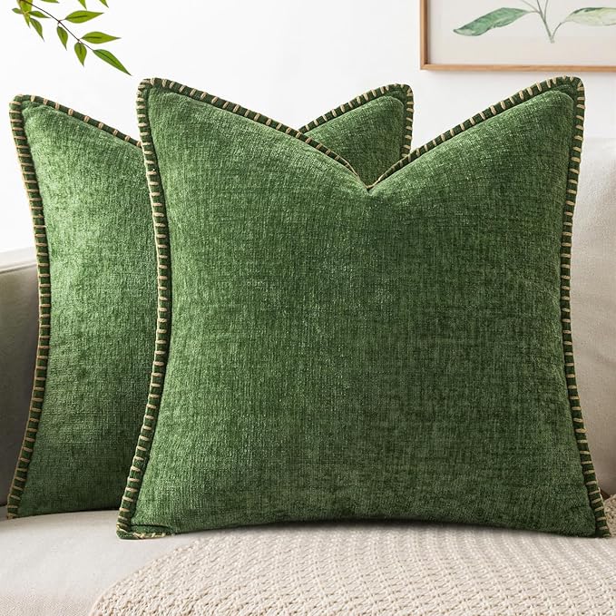MIULEE Pack of 2 Euro Sham Pillow Covers 24x24 Inch Moss Green Farmhouse Decorative Throw Pillow Covers with Stitched Edge Soft Chenille Pillow Covers for Couch Sofa Bed Living Room, Forest Green