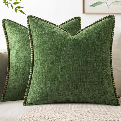 MIULEE Pack of 2 Euro Sham Pillow Covers 24x24 Inch Moss Green Farmhouse Decorative Throw Pillow Covers with Stitched Edge Soft Chenille Pillow Covers for Couch Sofa Bed Living Room, Forest Green