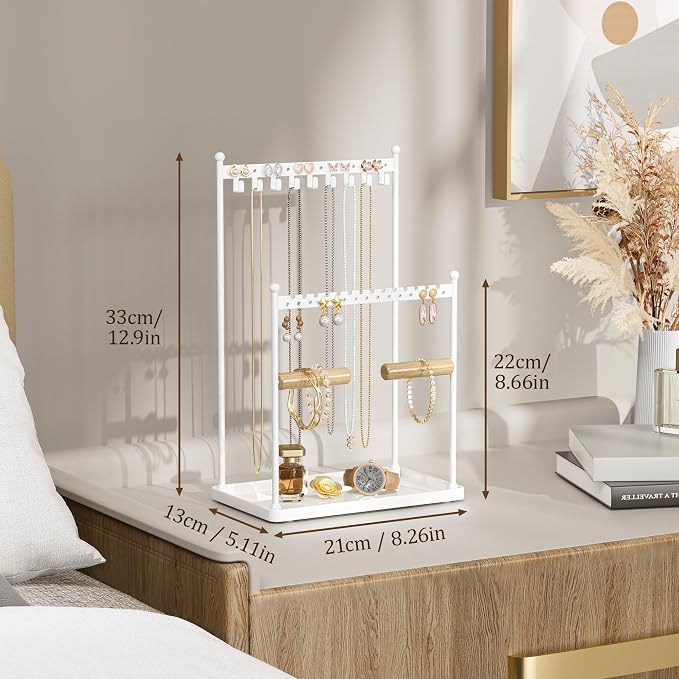 3 Tier white Jewelry Stand, Necklace Organizer, Earring Holder with 44 Holes and 9 Hooks, for Necklaces, Bracelets, Rings