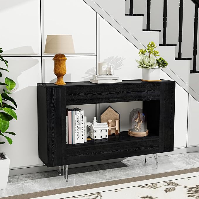 47" Narrow Console Table with Hidden Side Storage Cabinets, Adjustable Shelves, Modern Black Entryway Sofa Table for Behind The Couch, Living Room, Hallway, Black
