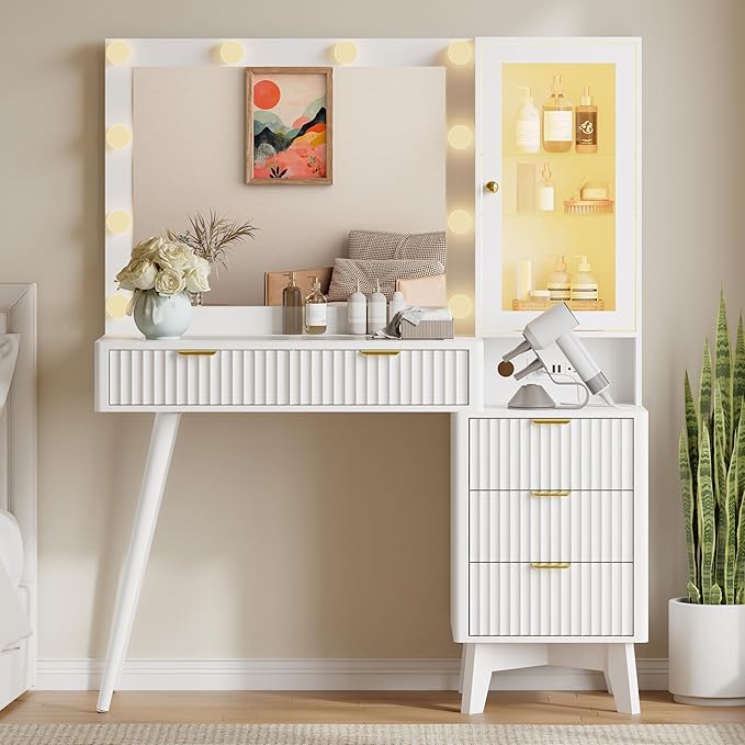 45'' Fluted Makeup Vanity Desk with LED Lights Mirror & Charging Station, Modern Glass Top Vanity Table with 5 Drawers & Glass Cabinet, Dressing Table for Bedroom, Living Room, White