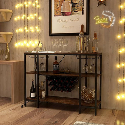 COSTWAY Wine Bar Cabinet, 3-Tier Home Mini Bar for Liquor w/Power Outlets, Glass Holder, Wine Rack, Anti-Tipping Kit, Metal Coffee Bar Table for Home Apartment Kitchen Living Room Pub (Brown)