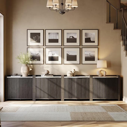 BELLEZE Set of 4 Modular Sideboard Buffet Cabinet with Storage,140 Inch Modern Credenza with Adjustable Shelves, Fluted Black Console Table with Faux Marble Panel for Kitchen, Entryway, Dining Room