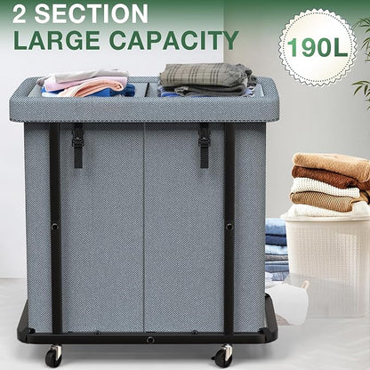50 Gal(190L) Laundry Basket with Lid, Rolling Laundry Hamper with Wheels, Dirty Clothes Hamper with Metal Frame and Removable Bag Design, Suitable for Laundry Room, Bedroom(Grey, 2 Section 190L)