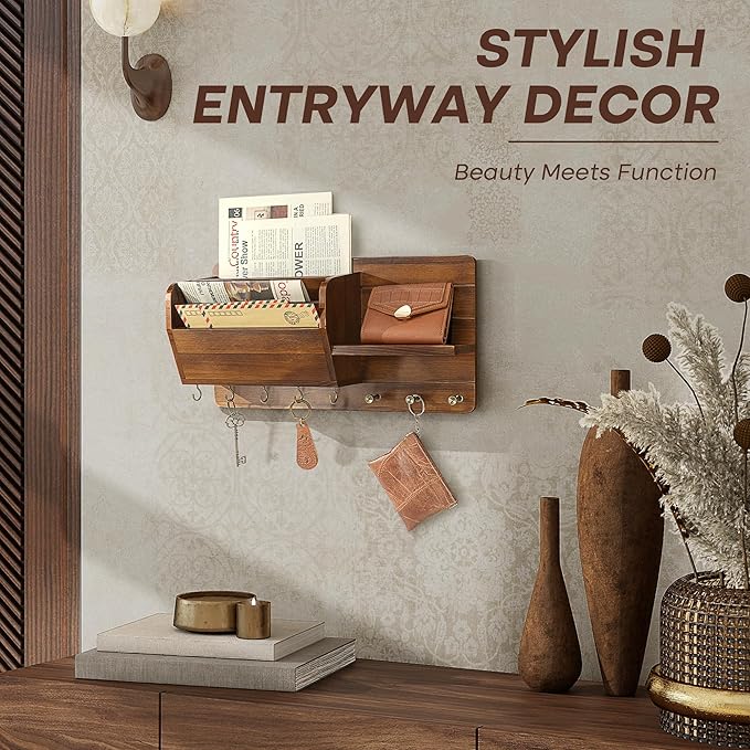 Rebee Vision Pine Wood Key Holder Wall Mount for Home Decor - Stylish Mail Holder Wall Mounted with Shelf & Hooks for Entryway - File Organizer with 3-Tire Mail Sorter for Lettter, Paper (Light Brown)