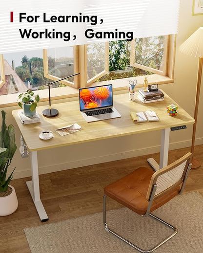 SANODESK Electric Standing Desk 60 x 24 Inches Whole-Piece Desktop Height Adjustable Stand Up Desk w/6-Button Controller Ergonomic Computer Desk for Home Office, White Frame + Natural Tabletop
