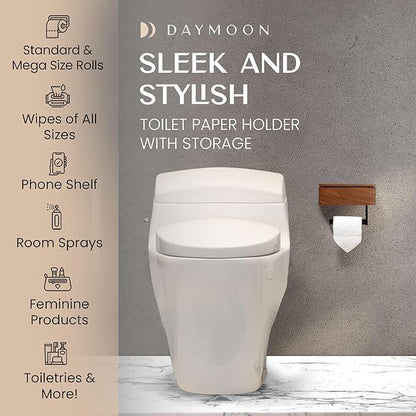 Day Moon™ Wood Toilet Paper Holder with Shelf, Wipe Holder for Bathroom, Flushable Wipes Dispenser, Toilet Paper and Wipes Holder - Toilet Paper Holder with Storage, Toilet Paper Holder Wall Mount