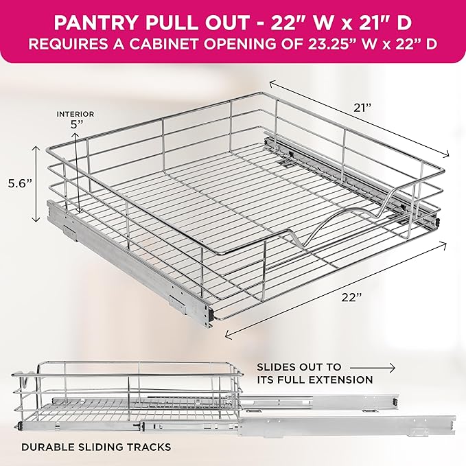 HOLDN’ STORAGE Pull Out Cabinet Organizer, Slide Out Drawer for Kitchen Cabinets & Pantry, Roll Out Shelf for Pots, Pans & Under Sink Storage, Heavy-Duty Full-Extension, 22"W x 21"D x 5"H