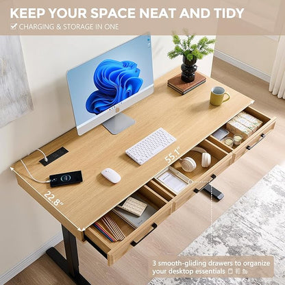 Electric Standing Desk with 3 Storage Drawers, 55x22 Inch Adjustable Height Office Computer Desk w/One-Piece Desktop & Power Outlets,Sit to Stand Up,Gaming Table for Study and Home, Natural Oak