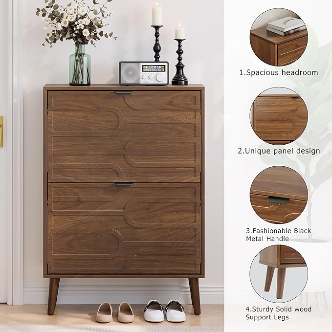 Vibe & Dine Shoe Cabinet with 2 Flip Drawers, Modern Shoe Storage Organizer for Entryway Slim, Freestanding Wood Shoe Rack Cabinet for Hallway, Bedroom, Living Room, Walnut