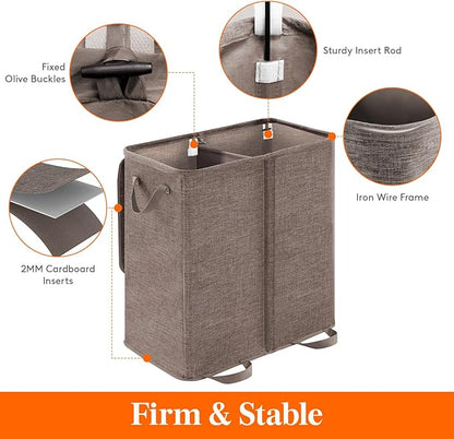 Lifewit Double Laundry Hamper with Lid and Removable Laundry Bags, Large Collapsible 2 Dividers Dirty Clothes Basket with Handles for Bedroom, Laundry Room, Closet, Bathroom, College, 136L Brown