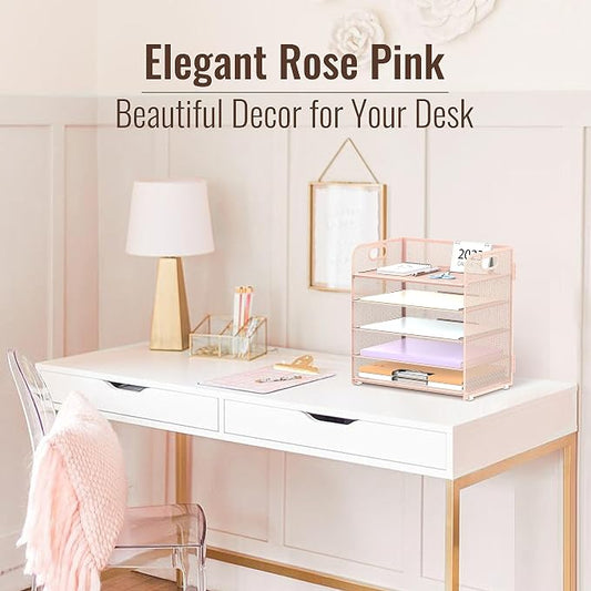 2 Pack 5-Tier Pink Desk Organizer with Handle Mesh Desk File/Paper Organizer Letter Tray for Office, School, Classroom and Home Easy Installation