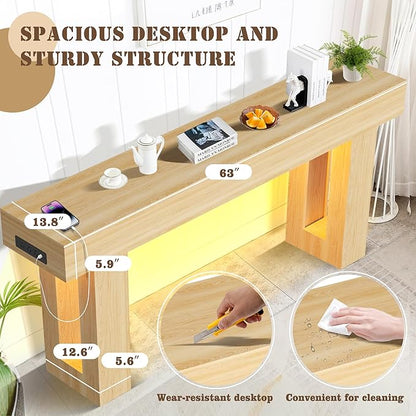 Grepatio 63 Inch Entryway Console Table, Wood Entry way Table with LED Light, Long Console Table with USB Power Outlet, Narrow Sofa Behind Couch Tables for Entrance, Hallway, Living Room (LED Natural)