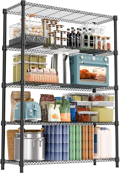 M MZG 1750LBS 47.2" W 5 Tiers Shelf Steel Storage Shelves Shelving Unit Steel Organizer Wire Rack for Home,Kitchen,Office,Garage Black 17.7" D x 47.2" W x 72.4" H